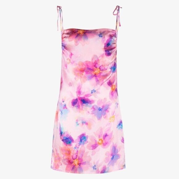 NEW! Silk Watercolor Floral Ruched Tie Straps Mini Slip Dress - Picture 6 of 8
